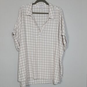Laura Ashley Linen Blend Tunic Top Size 3X White Cream Short Sleeve Checkered